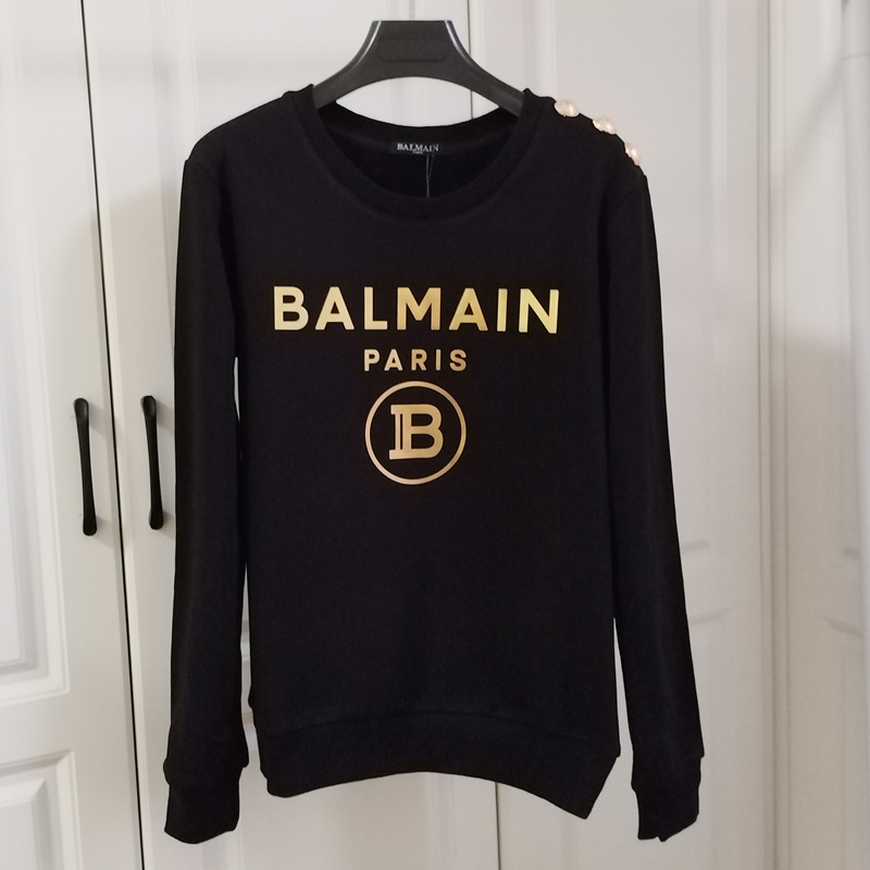 2025 Autumn New Long-Sleeve Celebrity-Style Balmain Sweatshirt, Terry Cotton Regular Sleeves, Unisex, with Gold Shoulder Buttons