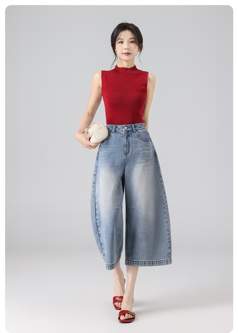 Quần jean nữ ống rộng cạp cao phong cách Mỹ retro, dáng suông rộng che khuyết điểm, dài 7–8 phân — màu xanh nhạt chi tiết 21