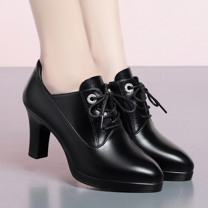 High heel platform Korean style thick heel wide feet height increasing solid color women's shoes spring single-layer shoes middle-aged leather shoes autumn work shoes
