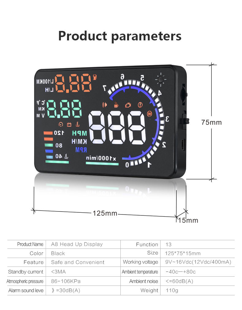 Cross-Border Hot Selling Car Head-Up Display Car Hud Multi-Function Instrument Obd Head-Up Display Supports Customization