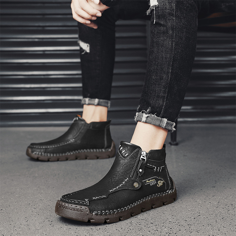 Men's Work Boots Winter Fleece Lined Slip-On Men's Boots Handmade Sewn Soles Mid-Top Men's Shoes_vogvips.com