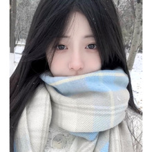 2025日系温柔显白海盐百利甜奶蓝格纹秋冬保暖韩围脖披肩JK女批发