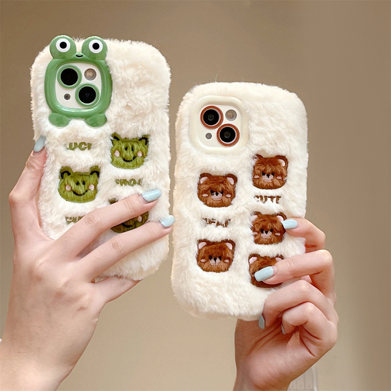 Plush cartoon cute embroidered bear frog for iPhone13 Apple 14 15pro max phone case