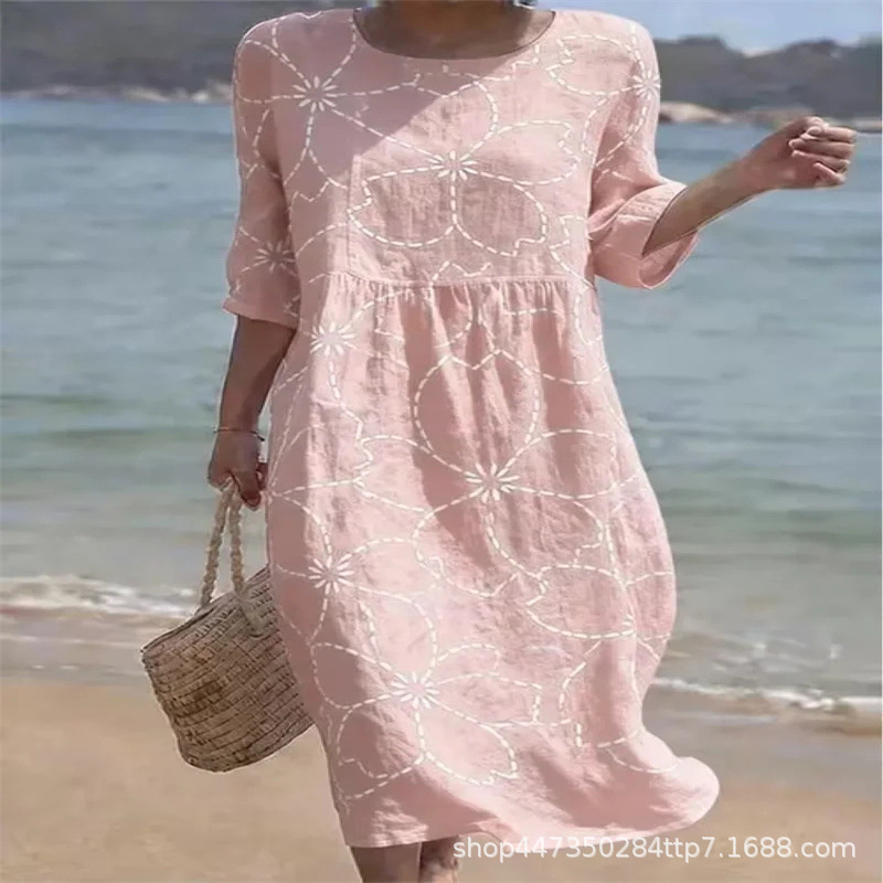 Cross-Border Exclusive Supply of Plus-Size Dresses, Women's Round-Neck, Mid-Sleeve, Loose Casual Mid-Length Babydoll Dresses, Direct from the Factory Cross-Border Exclusive Supply of Plus-Size Dresses, Women's Round-Neck, Mid-Sleeve, Loose Casual Mid-Length Babydoll Dresses, Direct from the Factory