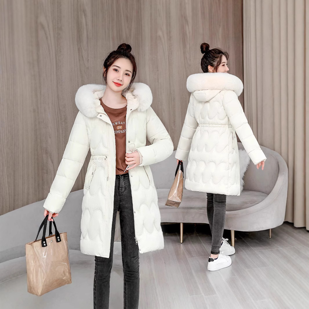 Comercio exterior 2025 nuevo algodón de invierno para mujeres largo delgado con capuzas cuello de lana de gran tamaño chaqueta de algodón chaqueta de mujer