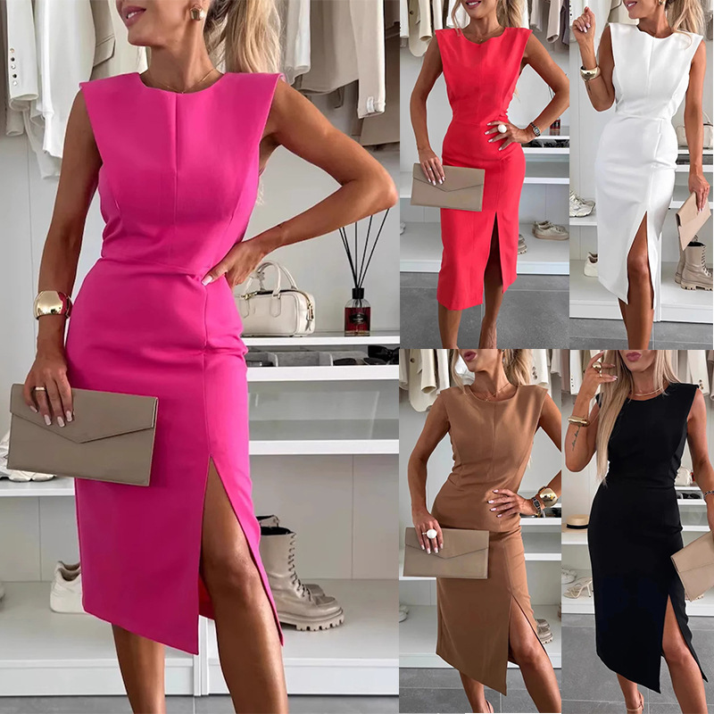 2025 New Summer Sleeveless Elegant Dress Popular Cross-Border Women's Clothing Amazon Foreign Trade Round Neck Mid-Length Skirt for Women