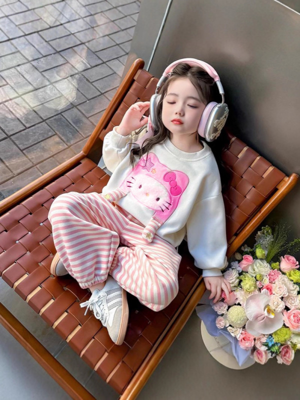 女童洋气套装春秋装新款女宝甜美卡通KT猫长袖卫衣条纹卫裤两件套|undefined