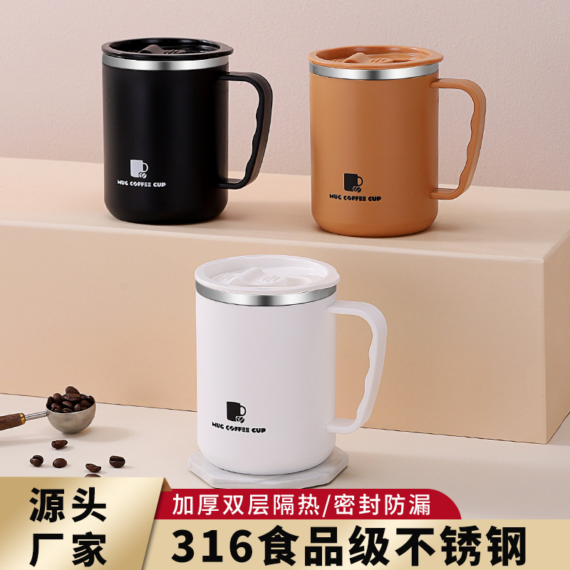 스테인리스 이중 보온 머그컵 뚜껑 손잡이 사무실 커피잔 500ml
