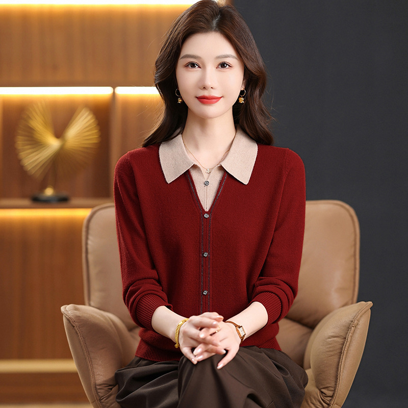 Middle-Aged Mother's New Autumn and Winter 100% Pure Wool Sweater Casual Lapel Sweater Outer Wear Large Size Loose Knitted Top