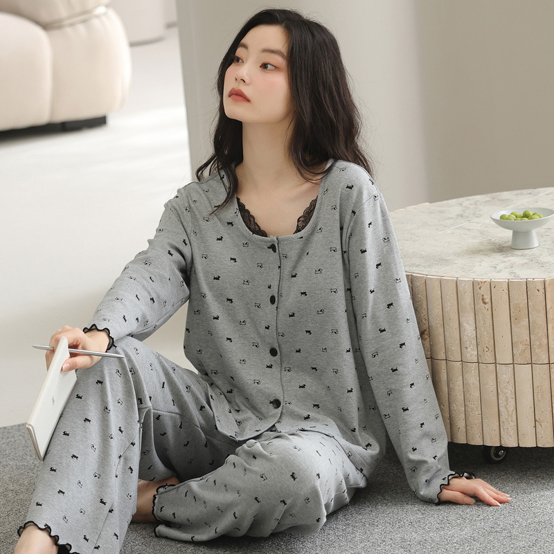 纯棉睡衣女2025新款春秋款爽棉开衫长袖简约大码家居服套装可外穿|undefined
