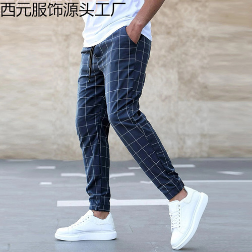New European and American Streetwear Plaid Casual Trousers Fashionable Ripped Pants with Drawstring Wholesale