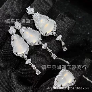 镀银镶嵌高冰种白玉髓葫芦吊坠套装翡翠绿玛瑙耳环戒指三件套饰品