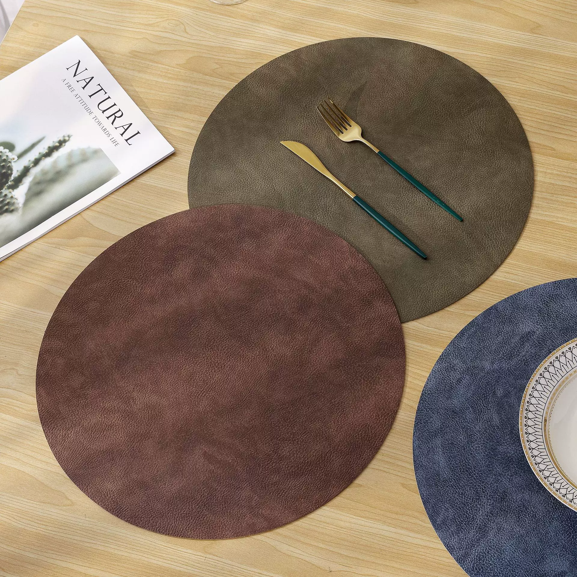 现货复古荔枝纹餐垫pvc圆形北欧式西餐牛皮纹中式餐桌垫隔热简约