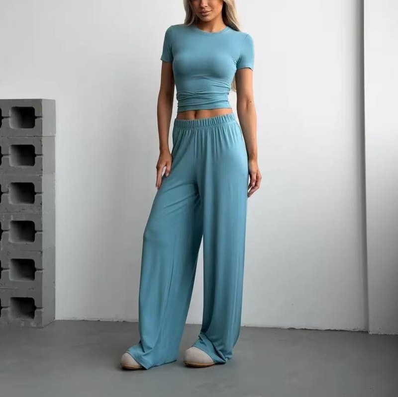 Russian Cross-Border Hot Selling Women's Knitted Short-Sleeved T-Shirt Wide-Leg Pants Suit Two-Piece Casual Suit Home Clothes Russian Cross-Border Hot Selling Women's Knitted Short-Sleeved T-Shirt Wide-Leg Pants Suit Two-Piece Casual Suit Home Clothes