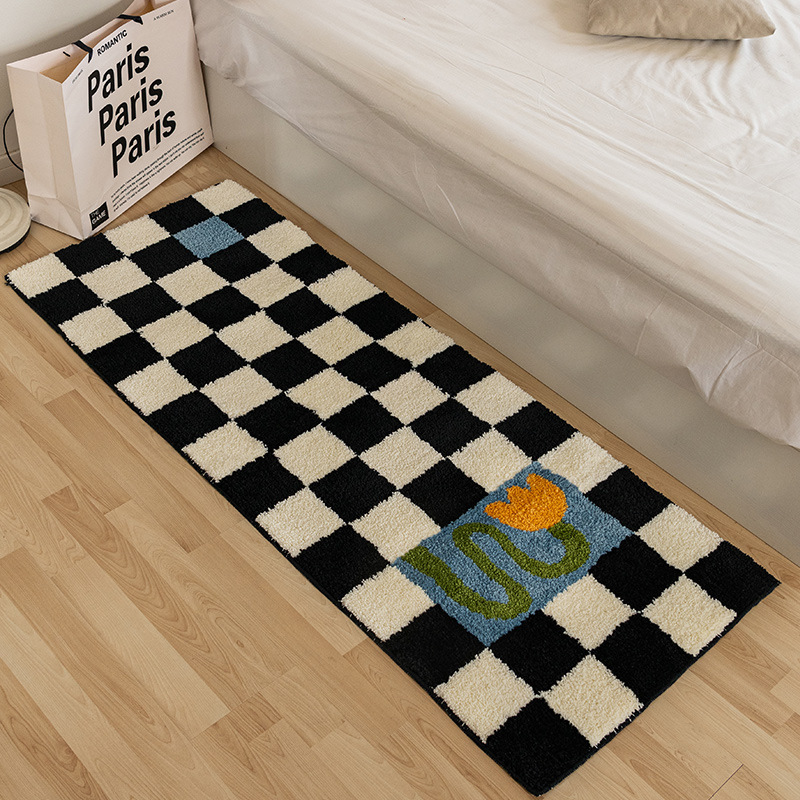 Modern minimalist ins carpet retro checkerboard bedside carpet cloakroom black and white plaid foot mat bedroom floor mat