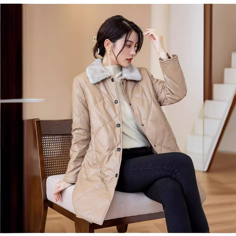 High-End Mink Velvet Splicing down Jacket Cotton Outwear for Women 2024 Winter New Casual Warm Mid-Length Pu Outwear for Women