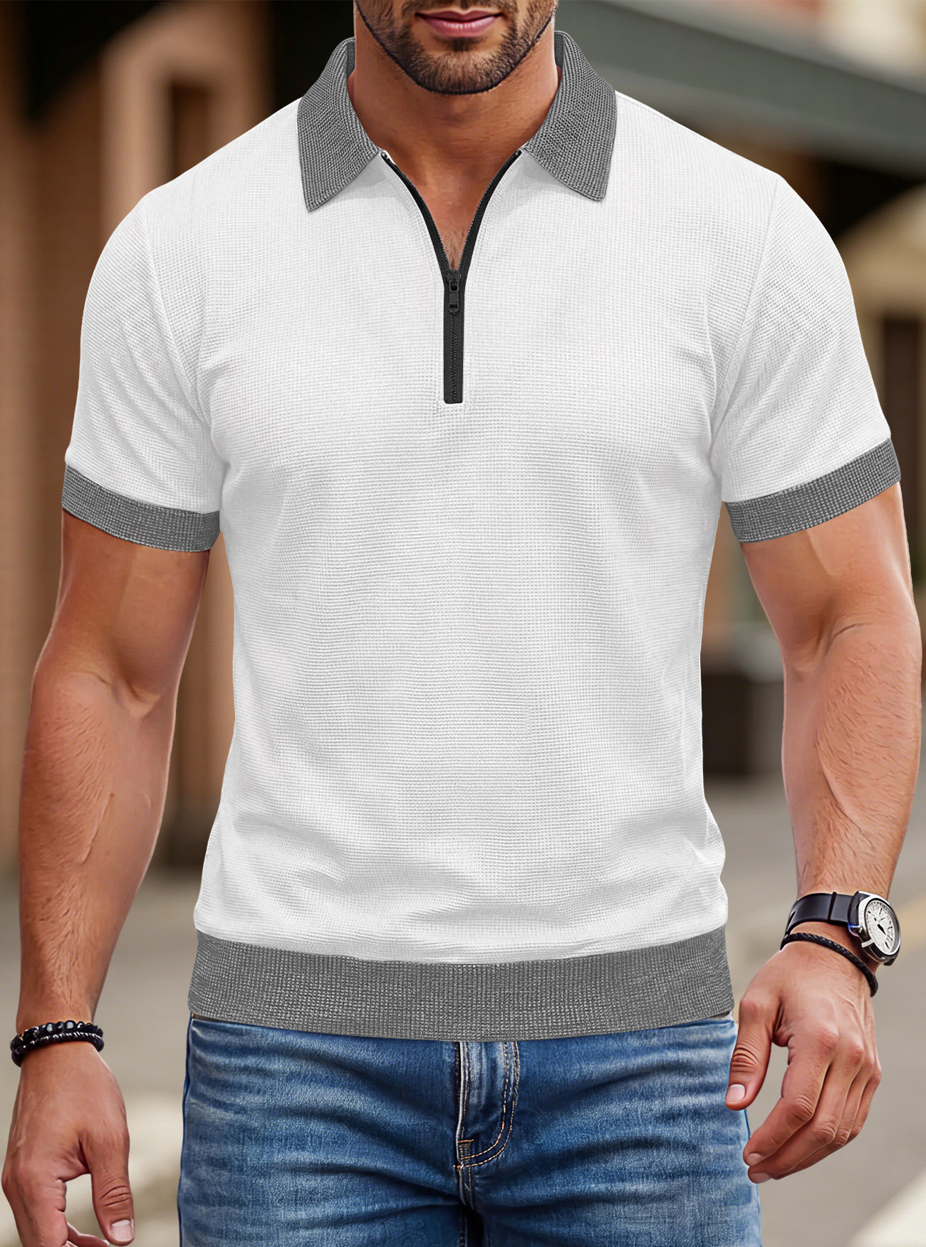 Estación independiente transfronteriza vacaciones europeas y americanas hombre waffle color contraste solapa suelta de tamaño grande deporte casual polo mangas cortas