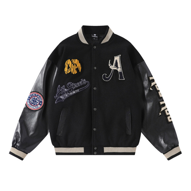 Men's Autumn and Winter Stitching PU Leather Sleeve Collar Jacket Coat Trendy Brand European and American Embroidered Letter Aviator Baseball Suit
