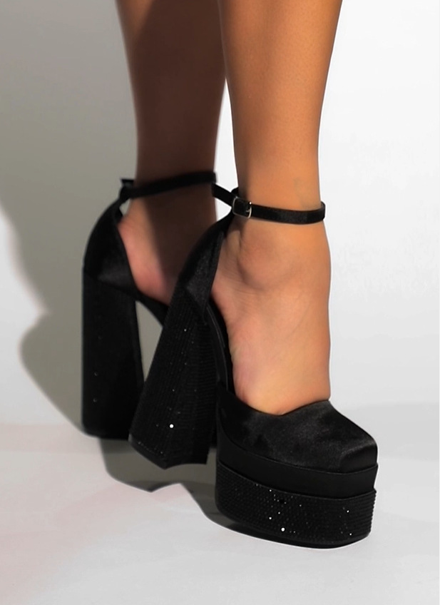 Giày cao gót sandal nữ đính đá rhinestone, đế platform, quai satin, phù hợp dự tiệc và trình diễn thời trang — Màu đen chi tiết 3