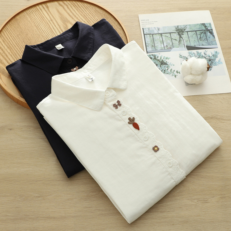 Western Style, Age-Reducing Placket Lace Handmade Radish Embroidered Shirt for Women 2025 Autumn New Slimming Look Top