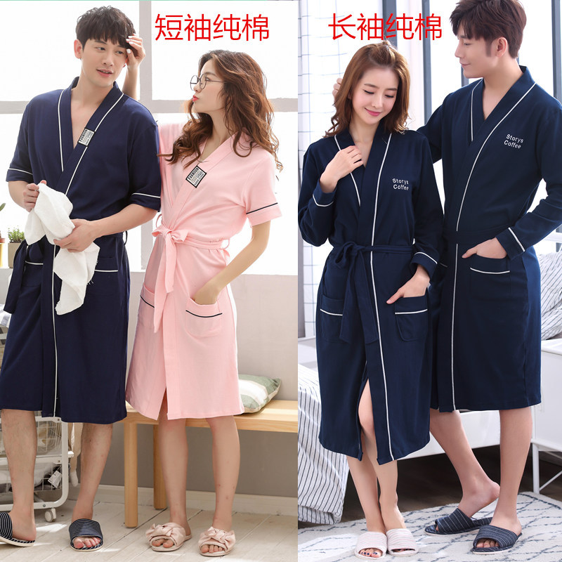 Camisón de primavera, otoño y verano para parejas de algodón puro para hombres y mujeres de manga corta delgada Albornoz de talla grande para mujer ropa de hogar de estilo coreano