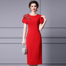 智丽红色礼服裙轻奢气质钉钻宴会主持人连衣裙显身材2024夏季新款