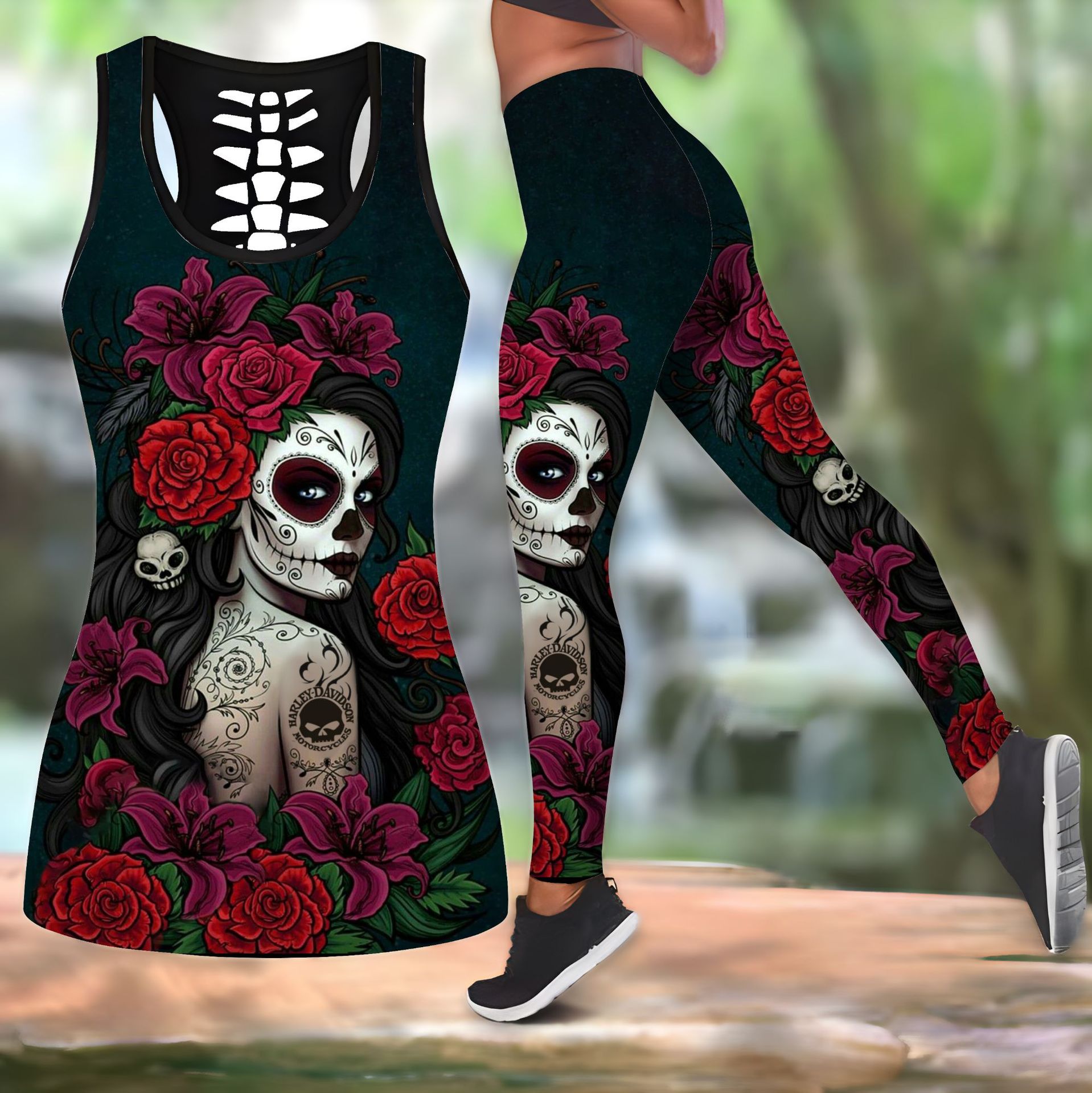 350g Weight Sleeveless Sleeve Length Spandex, Polyester Fabric Type Pant Co-ord Set Sets Type 2 Pieces Set Quantity Street, Sports Occasion U Neck Neckline Skinny Fit Type Halloween Festival Rose, Skull Pattern Summer, Spring Season Women's Gender Printing Design Hip-Hop, Streetwear Style Street Sports Women's Hip-Hop Streetwear Rose Skull Spandex Polyester Printing Pant Co-ord Set Pants Sets 13
