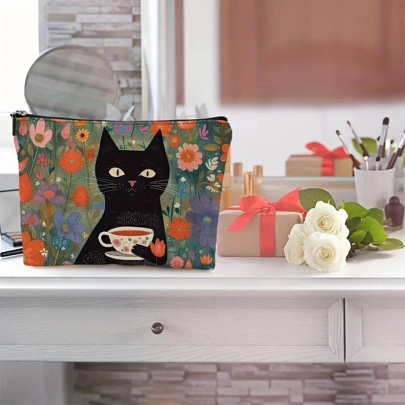 Transfronterizos Amazon maquillaje de damas retro gatos diseño creativo maquillaje bolsa de almacenamiento lino cremallera impermeable