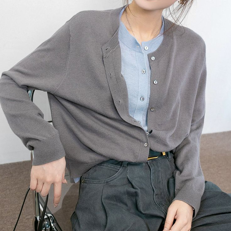 绵羊毛 假两件灰色针织开衫外套女春秋2025新款打底毛衣|undefined