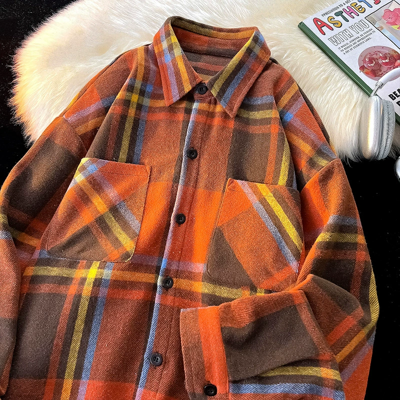 2024 осень и зима взрывной гонконгский стиль клетчатая рубашка с длинными рукавами свободная мужская рубашка дикая шерсть рубашка куртка оптом
