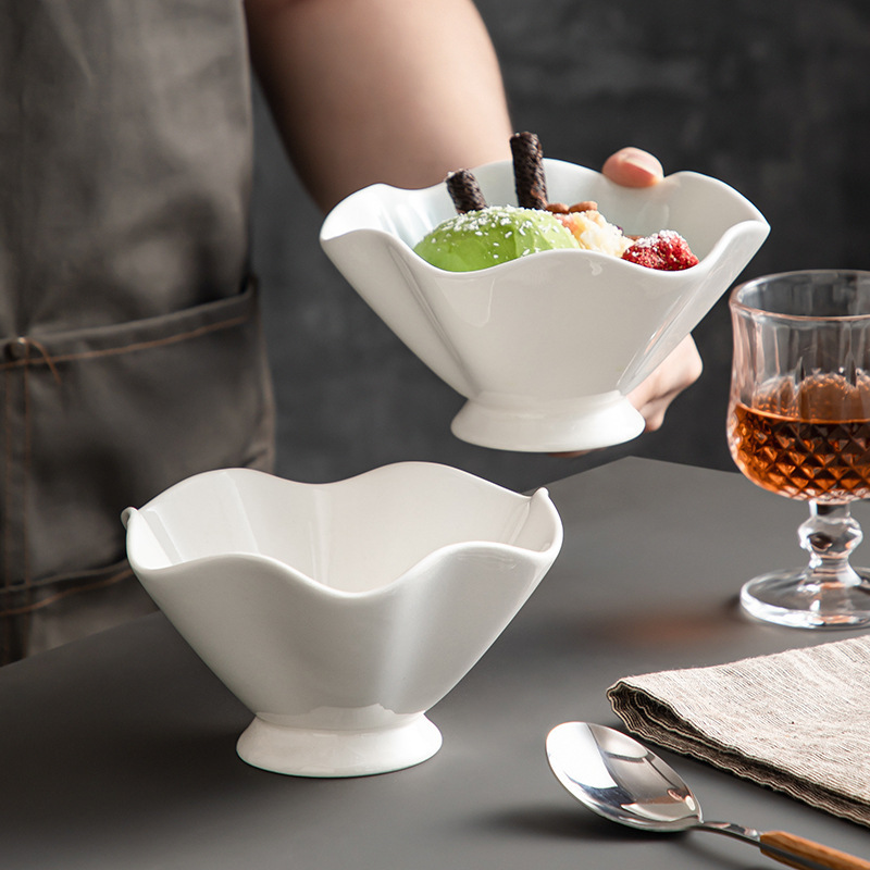 High foot lotus leaf bowl hotel restaurant household tableware ceramic bowl high temperature fired creative fruit dessert salad bowl