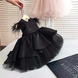 黑色羽毛儿童礼服2026新款外贸款花童生日公主裙女童洛丽塔蓬蓬裙