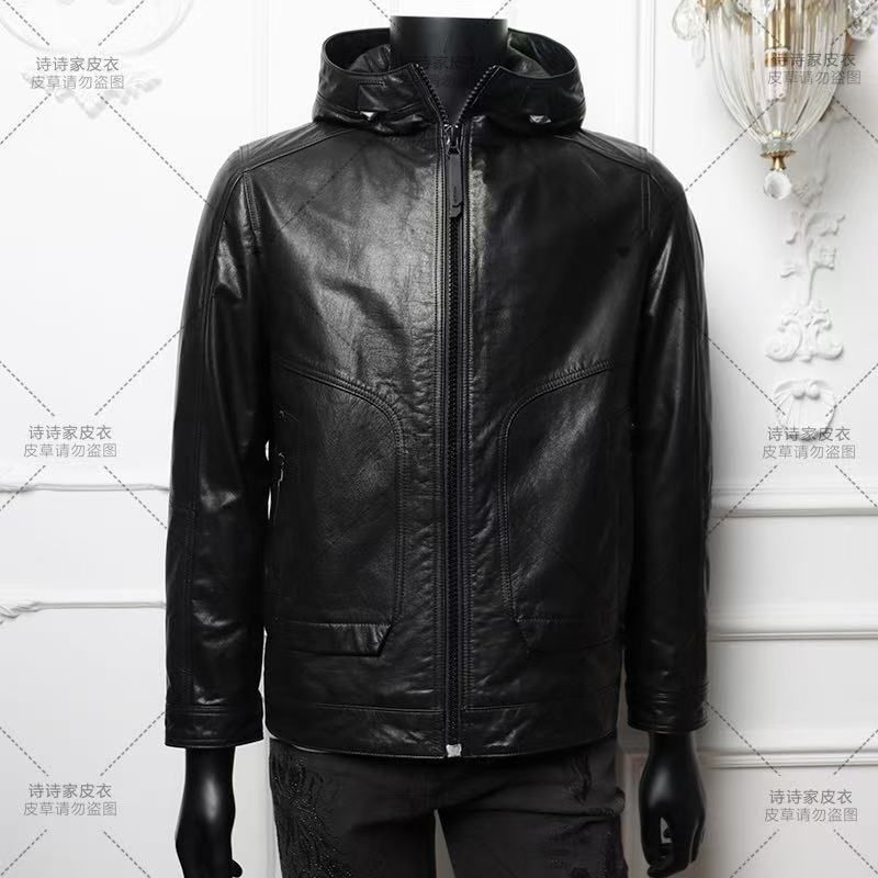 冬季加绒加厚头层牛皮皮衣皮夹克男士连帽鹅绒内胆宝家外套