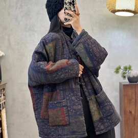 中长斜纹印花夹棉棉服女装复古盘扣长袖直筒保暖棉衣立领口袋棉袄