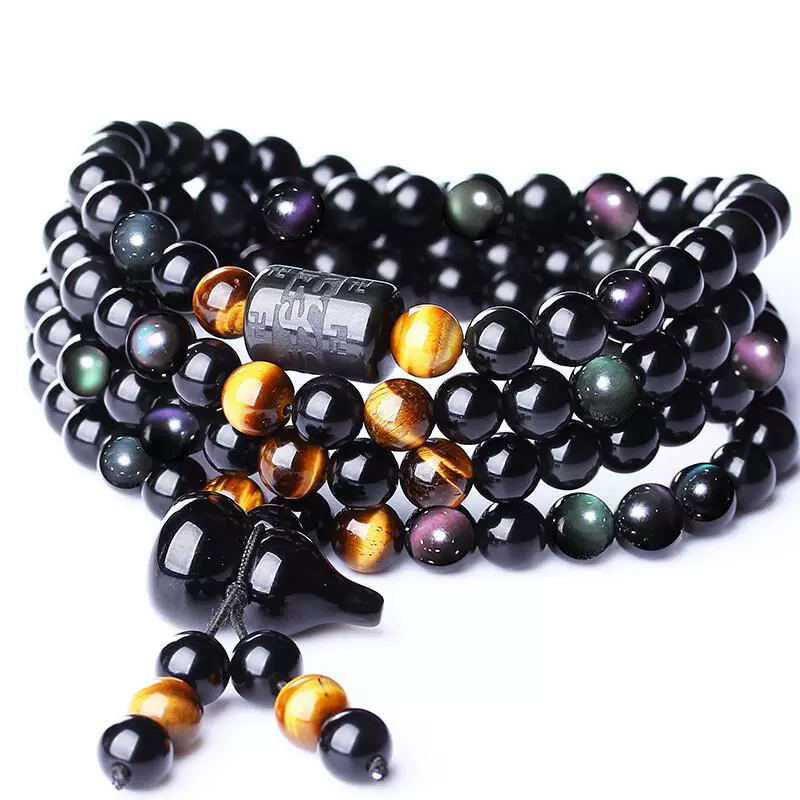 厂家直供 天然黑曜石108颗佛珠手链 彩曜石手链念珠 四圈彩虹眼