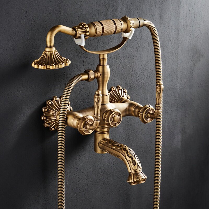 All Copper Carved European Style Vintage Simple Shower Shower suit Pure Copper Hot and Cold Faucet Bath Shower Hand Spray Head