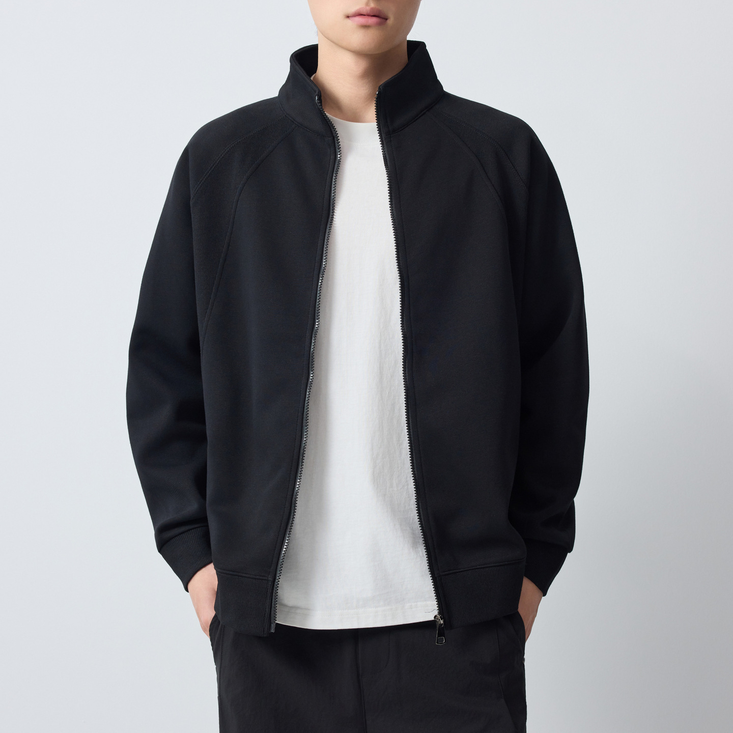 Áo hoodie nam nỉ cổ đứng khóa kéo phong cách thể thao thành phố — đen
