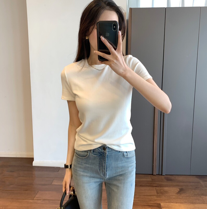 [Special Offer, No Returns or Exchanges] Cream Candy Color Basic Women's T-Shirt, Slim-Fit Round Neck Short-Sleeve T-Shirt