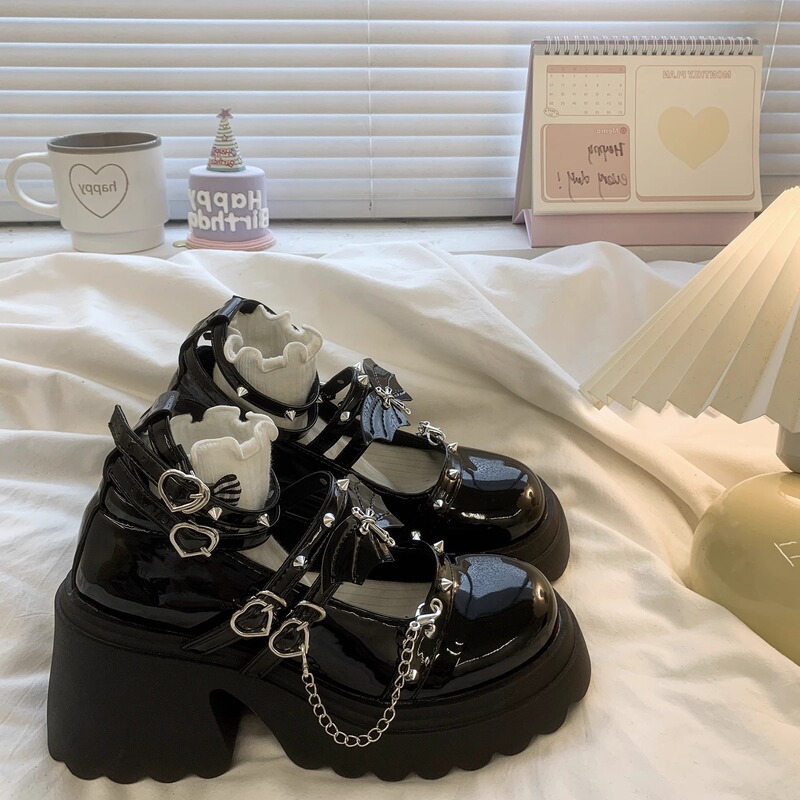 Rock and roll hot girl petite high-heeled height-increasing punk dark JK uniform Mary Jane thick-soled small leather shoes for women LOLITA