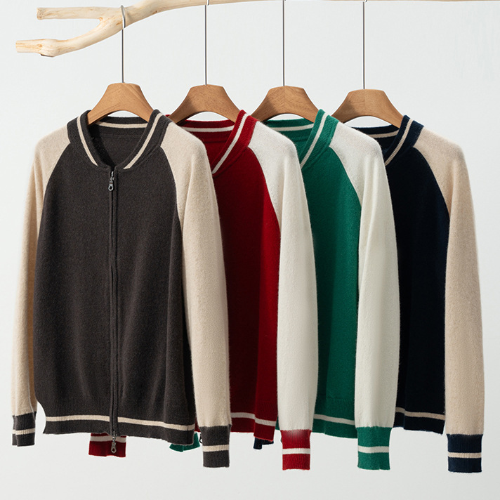 100% Cashmere Knitted Baseball Jacket Women's Autumn and Winter Fashion Loose Cashmere Zipper Cardigan Accessible Luxury