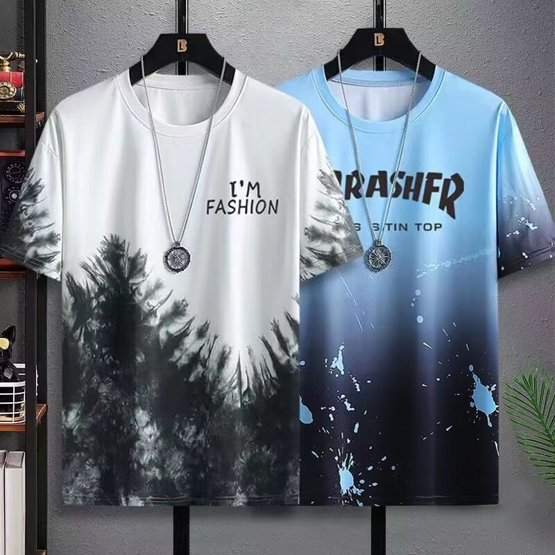 Camiseta de manga corta de seda de hielo para hombres verano 2024 nueva moda estudiantes adolescentes de media manga camiseta de tinta de hielo para hombres