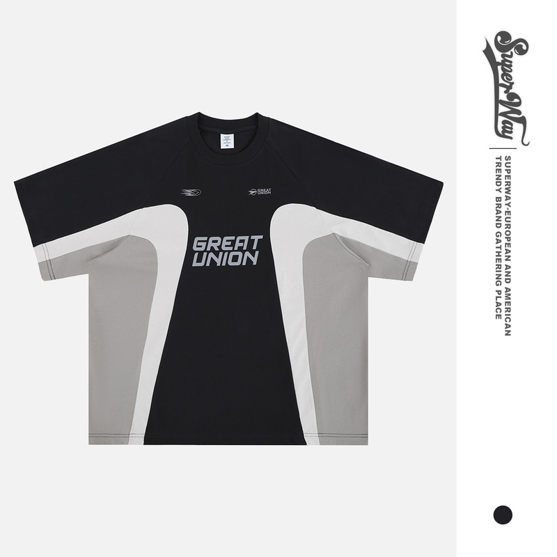 Lanhai Men's 2025 Spring and Summer New Fashion Brand American Retro Racing Club Stitching Crewneck Short-sleeved T-shirt for Men