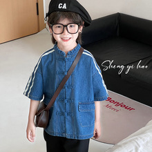 韩版儿童衬衫2025夏季新品牛仔短袖中式国风盘扣上衣薄款潮童装