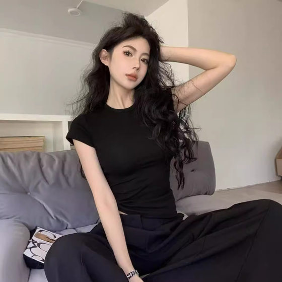 2024 New Internet Celebrity Ins Super Hot Slim Solid Color Sweet Cool Short Sleeve T-shirt Slim Fit Women's Summer Grey Top Trendy