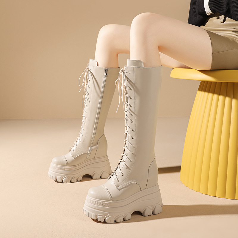 Boot nữ cổ cao ôm bắp chân dây buộc gót 12 cm phong cách retro Anh — Đen nhung