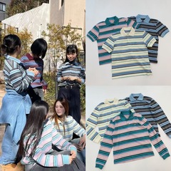 韓国の小衆GRレトロな色のストライプpolo襟アルファベット刺繍折り襟上着長袖tシャツ半袖
