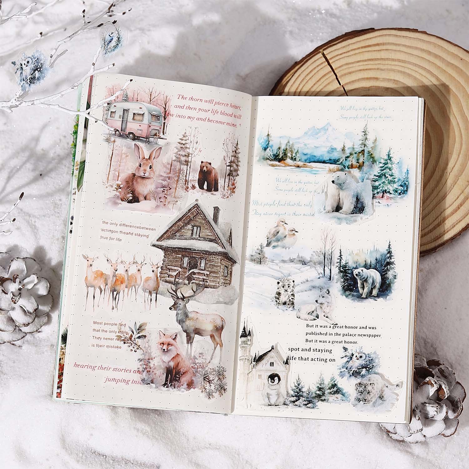 Un día hermoso, cinta, serie Snow Country Forest, collage de paisajismo del bosque de invierno, cinta de material de base de cuentas a mano