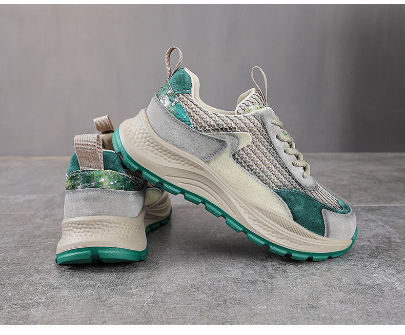 Giày sneaker chunky nữ đế dày phối màu da bò lưới thoáng khí — Màu xanh lục xám chi tiết 15
