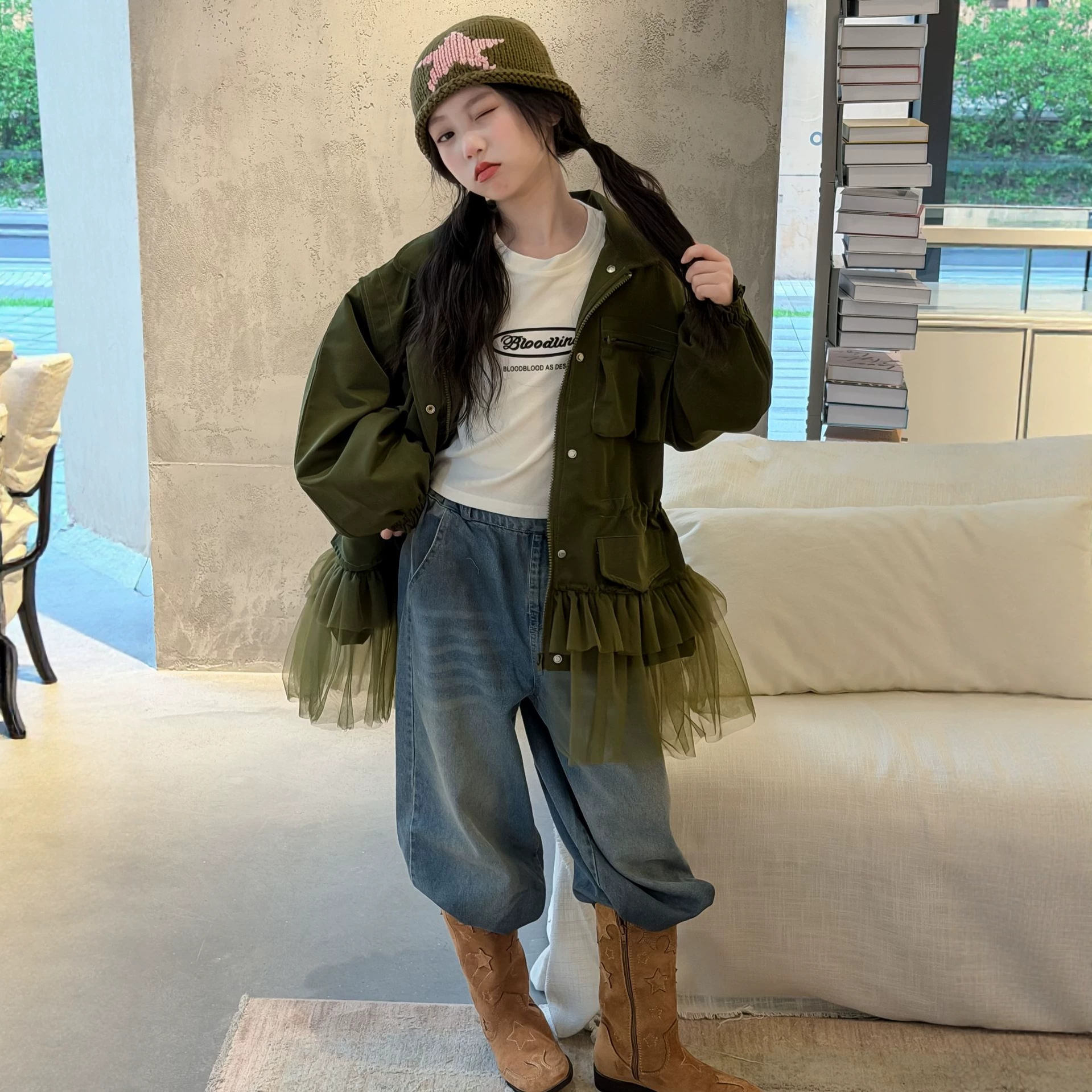 2026 Autumn Girls' Mesh Hem Jacket Trench Coat Loose Drawstring Waist Stand Collar Workwear Patchwork Top