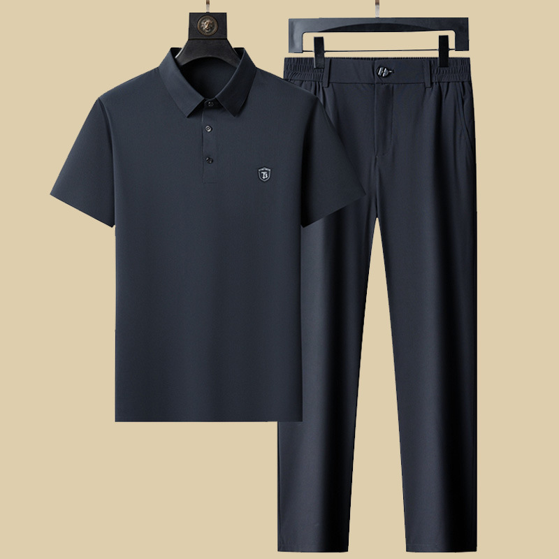 Men's Summer Thin Sports suit Traceless Stretch Ice Silk Short-sleeved Polo Shirt Middle-aged and Elderly Two-piece T-shirt
